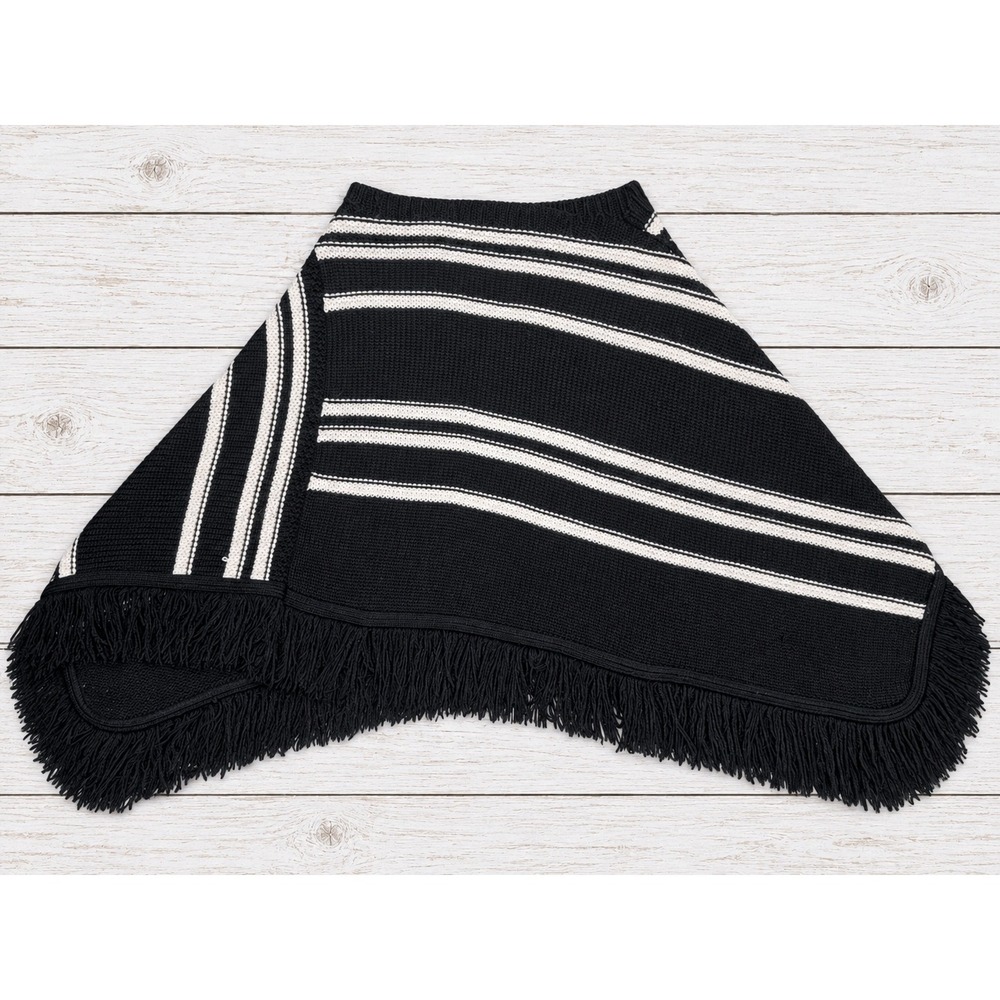 Clothing Company by Notations Poncho Striped Fringe Knit Wrap Black White OSFM